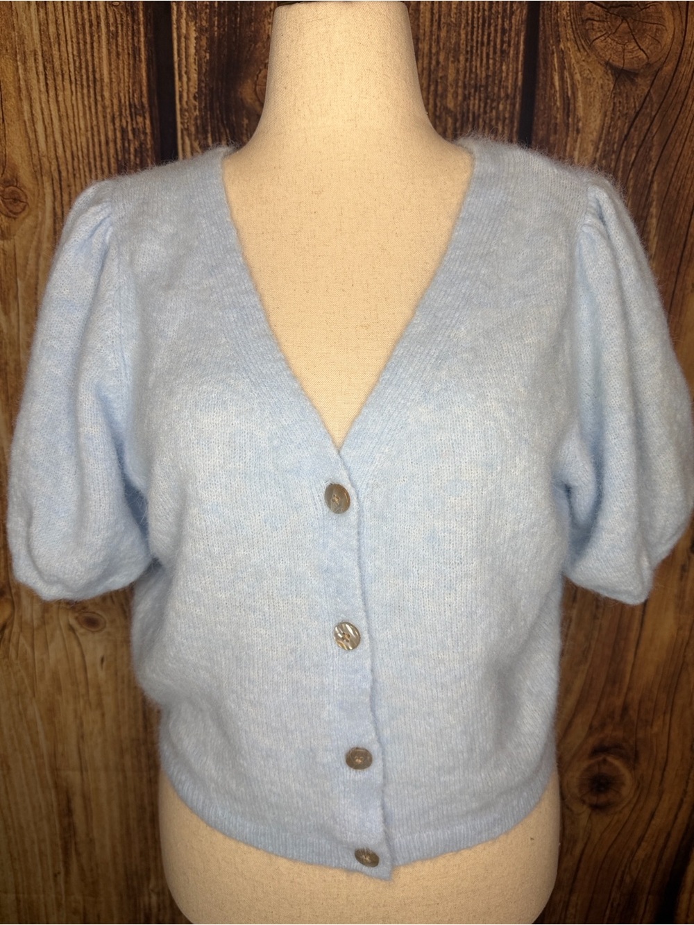 wild fable Light Blue Puff Sleeve V-Neck Button Cardigan